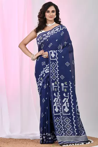 Navy blue cotton saree with traditional woven patterns and tassel border