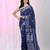 Navy blue cotton saree with traditional woven patterns and tassel border