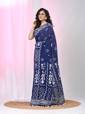 Navy blue cotton saree with traditional woven patterns and tassel border 2