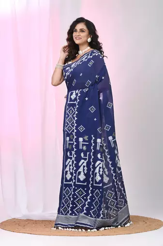 Navy blue cotton saree with traditional woven patterns and tassel border
