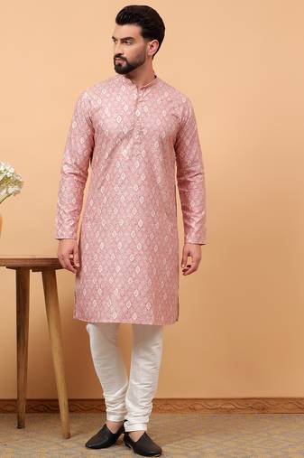 Blue chikankari embroidery cotton kurta with silk churidar pajama by treemoda