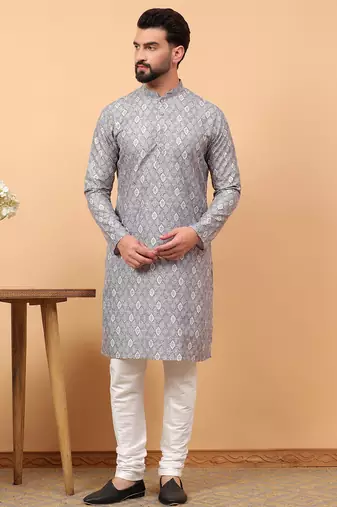 Blue chikankari embroidery cotton kurta with silk churidar pajama