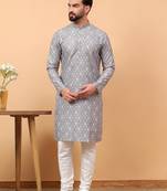 Blue chikankari embroidery cotton kurta with silk churidar pajama