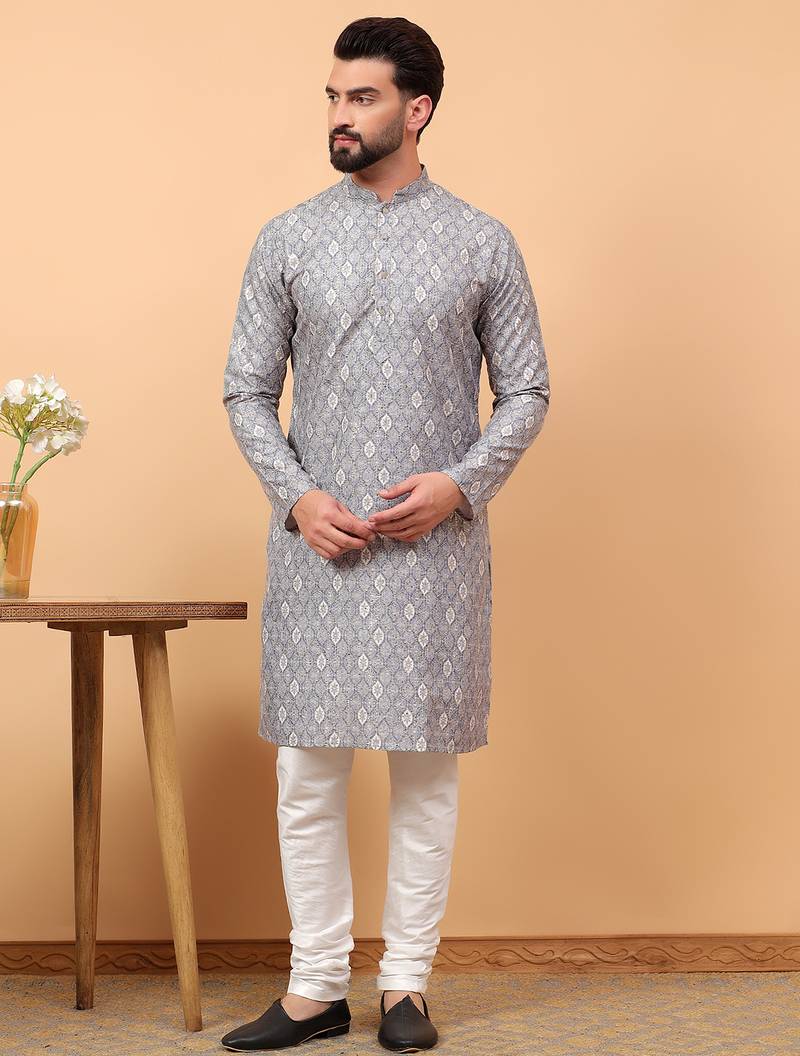 Blue chikankari embroidery cotton kurta with silk churidar pajama