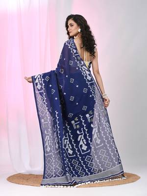 Navy blue cotton saree with traditional woven patterns and tassel border 3
