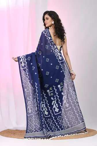 Navy blue cotton saree with traditional woven patterns and tassel border