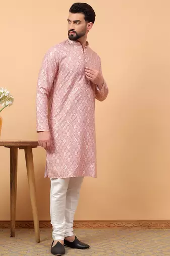 Blue chikankari embroidery cotton kurta with silk churidar pajama by treemoda