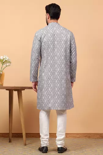 Blue chikankari embroidery cotton kurta with silk churidar pajama