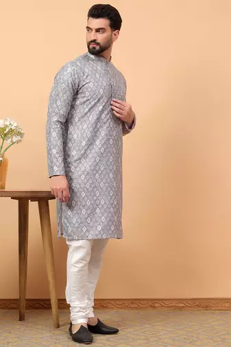 Blue chikankari embroidery cotton kurta with silk churidar pajama