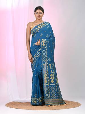 Sapphire blue cotton saree with traditional woven patterns and tassel border 1