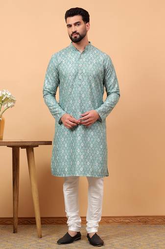 Blue chikankari embroidery cotton kurta with silk churidar pajama