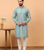 Blue chikankari embroidery cotton kurta with silk churidar pajama