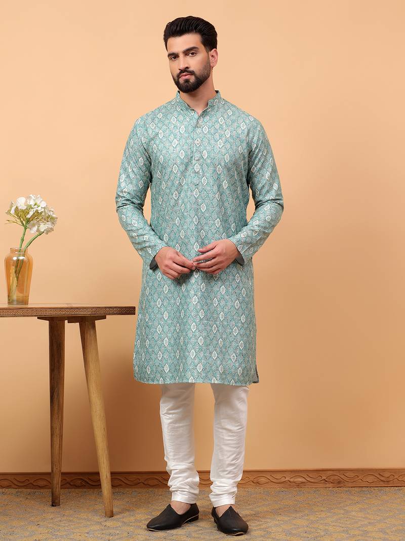 Blue chikankari embroidery cotton kurta with silk churidar pajama