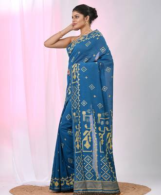 Sapphire blue cotton saree with traditional woven patterns and tassel border 2