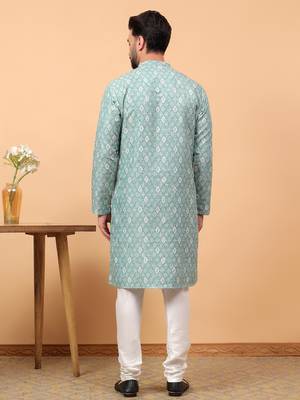 Blue chikankari embroidery cotton kurta with silk churidar pajama 2