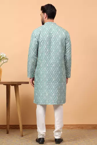 Blue chikankari embroidery cotton kurta with silk churidar pajama