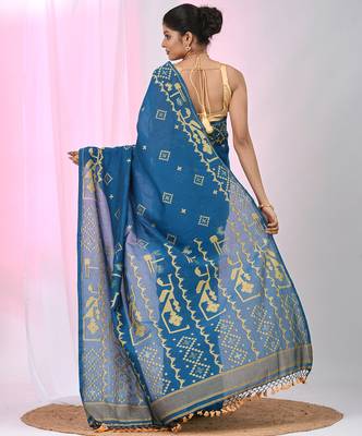 Sapphire blue cotton saree with traditional woven patterns and tassel border 3
