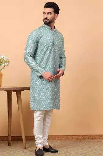 Blue chikankari embroidery cotton kurta with silk churidar pajama