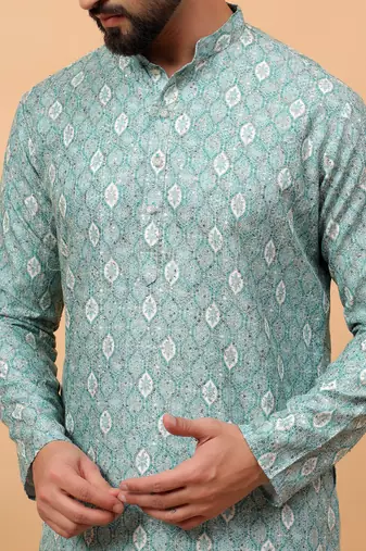 Blue chikankari embroidery cotton kurta with silk churidar pajama