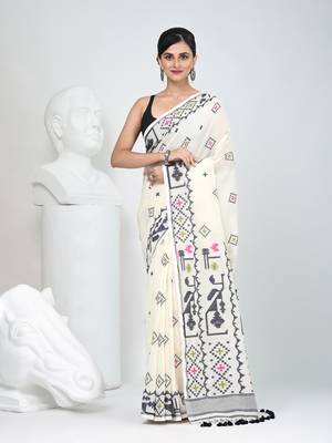 Off white cotton saree with traditional woven patterns and tassel border 1