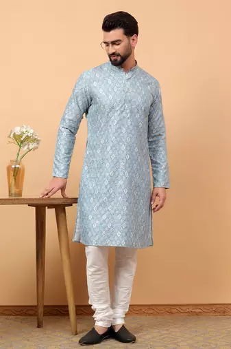 Blue chikankari embroidery cotton kurta with silk churidar pajama