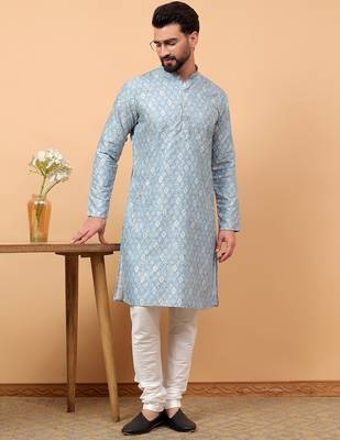Blue chikankari embroidery cotton kurta with silk churidar pajama 1