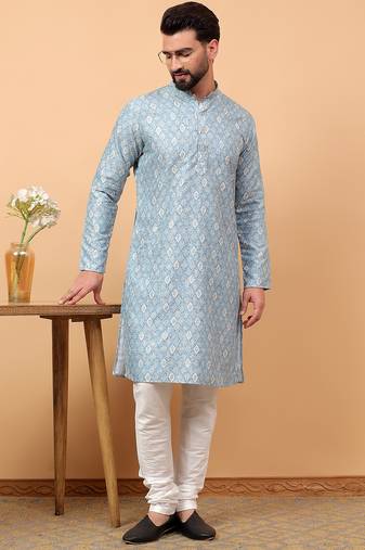 Blue chikankari embroidery cotton kurta with silk churidar pajama