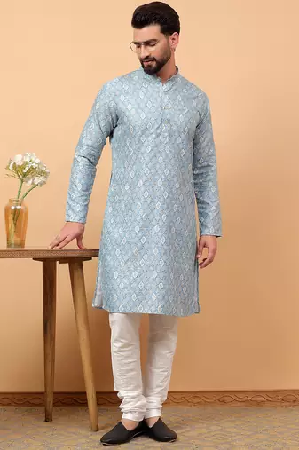 Blue chikankari embroidery cotton kurta with silk churidar pajama