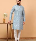 Blue chikankari embroidery cotton kurta with silk churidar pajama