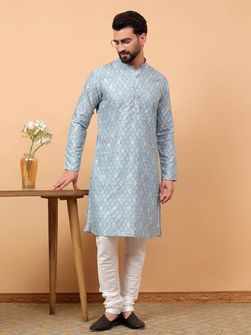 Blue chikankari embroidery cotton kurta with silk churidar pajama