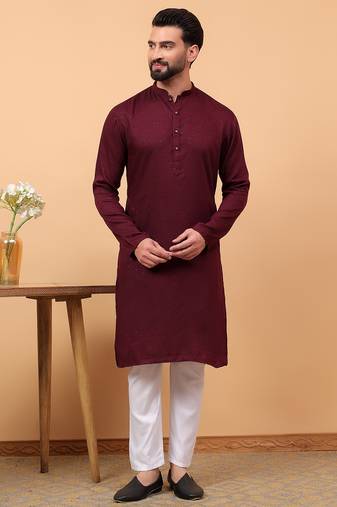 Maroon chikankari embroidery cotton kurta with aligarh pajama by treemoda