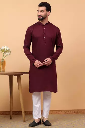 Maroon chikankari embroidery cotton kurta with aligarh pajama by treemoda