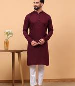 Maroon chikankari embroidery cotton kurta with aligarh pajama by treemoda