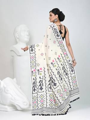 Off white cotton saree with traditional woven patterns and tassel border 3