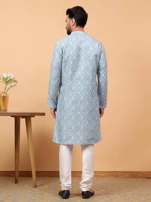 Blue chikankari embroidery cotton kurta with silk churidar pajama 2