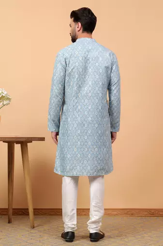 Blue chikankari embroidery cotton kurta with silk churidar pajama