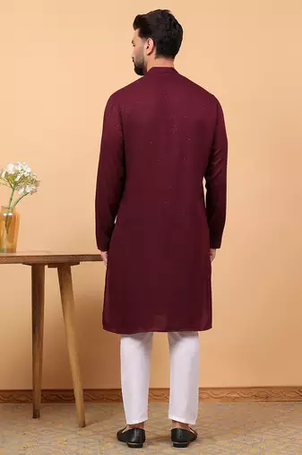 Maroon chikankari embroidery cotton kurta with aligarh pajama by treemoda