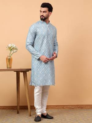 Blue chikankari embroidery cotton kurta with silk churidar pajama 3