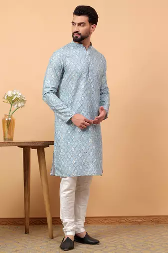 Blue chikankari embroidery cotton kurta with silk churidar pajama