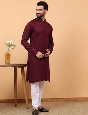 Maroon chikankari embroidery cotton kurta with aligarh pajama by treemoda 3