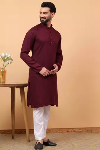 Maroon chikankari embroidery cotton kurta with aligarh pajama by treemoda