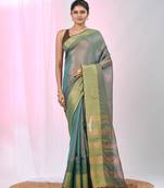 Elegant teal tissue saree with contrasting golden border
