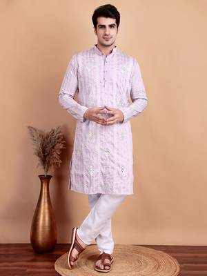 Elegant pastel pink embroidered kurta pajama set for men by treemoda 1