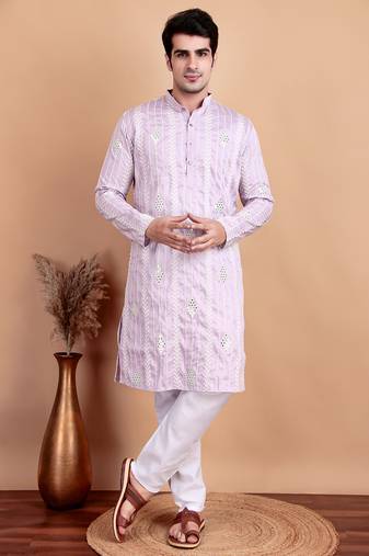 Elegant pastel pink embroidered kurta pajama set for men by treemoda