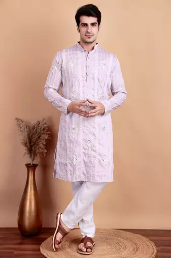 Elegant pastel pink embroidered kurta pajama set for men by treemoda