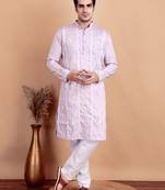 Elegant pastel pink embroidered kurta pajama set for men by treemoda