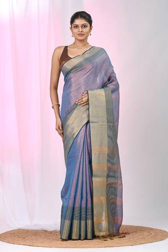Elegant blue tissue saree with contrasting golden border
