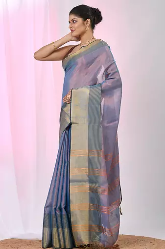 Elegant blue tissue saree with contrasting golden border