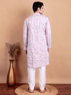 Elegant pastel pink embroidered kurta pajama set for men by treemoda 2