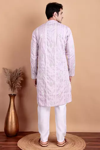 Elegant pastel pink embroidered kurta pajama set for men by treemoda